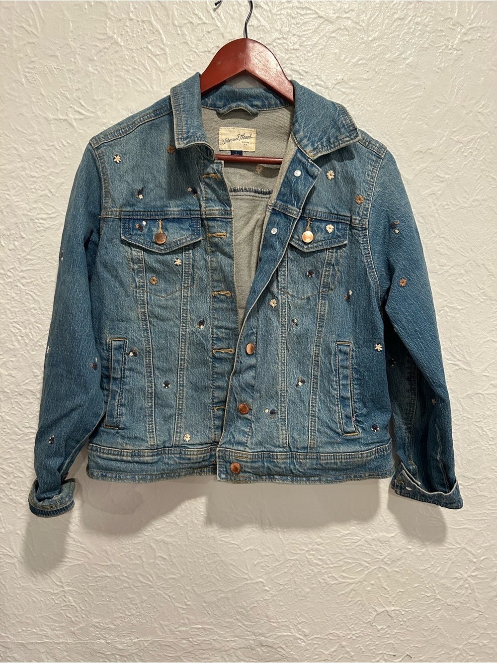 Light Blue Denim Jacket with Floral Embroidery with Subtle Fading